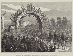 Rückkehr der russischen Armee, Triumphaler Einzug der Kosaken in St. Petersburg (Gravur)