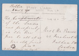 Rückseite der Postkarte der Spieler von Bolton Wanderers FC, 1911-12