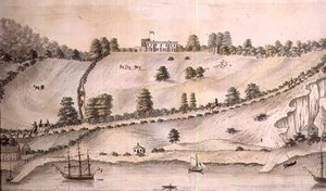 Flusslandschaft mit Schiffen und der Dover-Kutsche, ca. 1800 (Feder und Tinte) (Paar von 72976) von English School