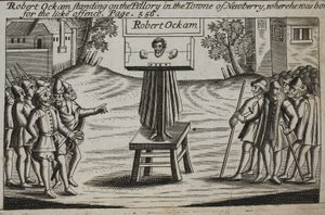 Robert Ockam auf dem Pranger in der Stadt Newberry, wo er geboren wurde, Illustration aus Acts and Monuments von John Foxe, neunte Ausgabe, veröffentlicht 1684