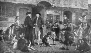 Robert Raikes, der Gründer der Sonntagsschulen, und das Haus, in dem die erste Sonntagsschule stattfand von English School