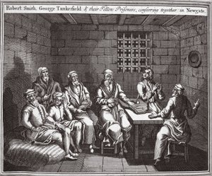 Robert Smith, George Tankerfield und ihre Mitgefangenen, die in Newgate miteinander konferieren, Illustration aus Foxes Märtyrer, ca. 1703