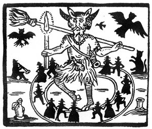 Robin Goodfellow, dargestellt als Priapus mit Ziegenhörnern, erigiertem Penis und umgeben von einem Kreis tanzender Verehrer