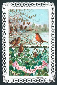 Rotkehlchen singt auf einem Ast, Weihnachtskarte von English School