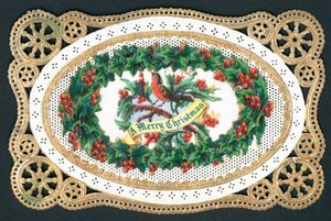 Rotkehlchen sitzt auf Stechpalmenzweig, Weihnachtskarte von English School