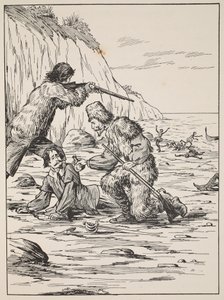 Robinson Crusoe und Freitag retten den Spanier, Illustration aus Die Geschichte von Robinson Crusoe: Eine Adaption für Kinder nach Defoes Sprache, veröffentlicht von Griffith Farran Browne & Co. Limited, London von English School