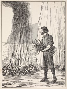 Robinson Crusoe kocht, Illustration aus Die Geschichte von Robinson Crusoe: Eine Adaption für Kinder nach Defoes Sprache, veröffentlicht von Griffith Farran Browne & Co. Limited, London von English School