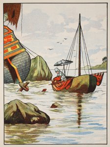 Robinson Crusoe rettet einen Hund aus einem spanischen Schiffswrack, Illustration aus Die Geschichte von Robinson Crusoe: Eine Adaption für Kinder nach Defoes Sprache, veröffentlicht von Griffith Farran Browne & Co. Limited von English School