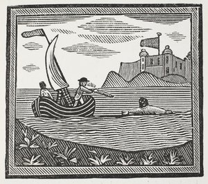 Robinson und Xury entkommen den Mauren, Illustration aus Chap-books des achtzehnten Jahrhunderts von John Ashton, veröffentlicht 1882 von English School