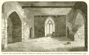 Zimmer im Beauchamp Tower, Tower of London, in dem Lord Guildford Dudley eingesperrt war, 1554 von English School