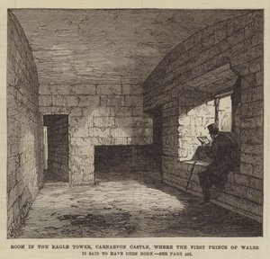 Zimmer im Eagle Tower, Carnarvon Castle, wo der erste Prinz von Wales geboren worden sein soll (Gravur) von English School
