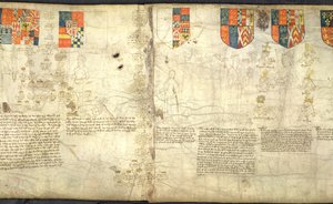 Rous Roll, f. 7cr: Von links nach rechts: Edward, Earl of Warwick (Sohn von George, Duke of Clarence); Margaret (Tochter von George, Duke of Clarence); Anne Neville (Tochter von Richard Neville und Frau von Richard III); Richard III