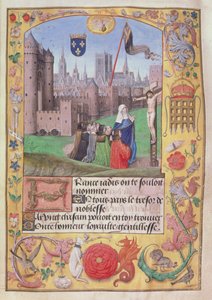 Notre Dame, Paris zeigt die Wappen, die Jungfrau unten schützt neun Figuren, die vor der Kreuzigung knien, aus Gedichte von Charles, Herzog von Orleans, um 1500 von English School