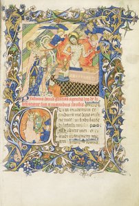 Gekrönte Figur, unterstützt von einem grau bärtigen Heiligen, der vor einem Bild der Barmherzigkeit kniet, aus dem Psalter von Humphrey Duke of Gloucester, ca. 1420-30