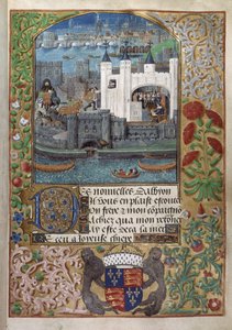 Der Tower of London, mit der London Bridge im Hintergrund. Charles, Herzog von Orleans, beim Schreiben, stehend an einem Fenster und einen Brief im Hof versendend von English School