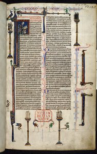 Royal 1 D I, f.1r, Hieronymus, Mönche auf Säulen, aus der Bibel von William of Devon (Pergament)