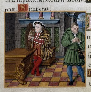 Heinrich VIII. mit einer Harfe und seinem Hofnarren William Somers, Psalm 52, aus dem 