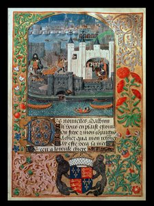 Turm von London und Schiffe, mit Charles, Herzog von Orleans, der im Turm schreibt, aus den Gedichten von Charles Herzog von Orleans, c.1500 von English School
