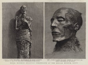 Königliche Mumien, kürzlich im Boulak-Museum, Ägypten, entbandagiert (Gravur) von English School