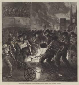 Königlicher Besuch in Sheffield, Gießen eines Stahlblocks in der Fabrik von Messers Firth und Söhne (Stich) von English School
