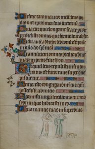 Bas-de-page-Szene von zwei Frauen, die Falken tragen, und einem kleinen Hund vor ihnen, mit einer bewohnten Initiale, Illustration aus dem 