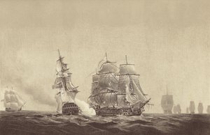 Russisches Schiff Vsevolod streicht ihre Farben vor der HMS Implacable, angegliedert an die schwedische Marine und kommandiert von Kapitän Thomas Byam Martin, in der Ostsee, 26. August 1808 von English School
