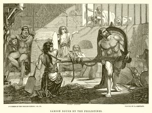 Samson von den Philistern gefesselt von English School