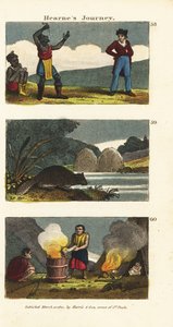 Samuel Hearne beobachtet einen indianischen Schwertschlucker, Nordamerikanischer Biber, Castor canadensis und Indianer kochen Wasser in einem Holzfass mit heißen Steinen von English School