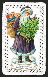 Weihnachtsmann mit Spielzeugsack und Baum, Weihnachtskarte von English School
