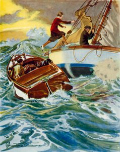 Szene aus Four Valves und Sheila: Eine Frau springt von einem Motorboot auf eine Yacht in stürmischer See von English School