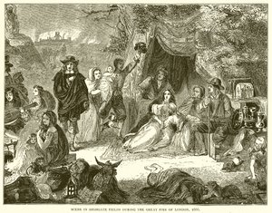 Szene in den Highgate-Feldern während des Großen Brandes von London, 1666