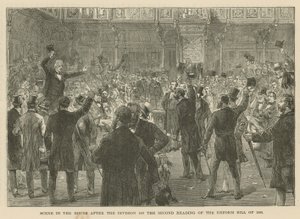 Szene im House of Commons nach der Abstimmung über die zweite Lesung des Reformgesetzes von 1866 von English School