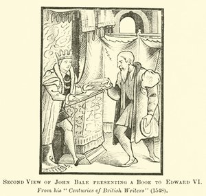 Zweite Ansicht von John Bale, der ein Buch an Edward VI. überreicht von English School