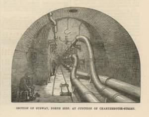 Querschnitt der U-Bahn, Nordseite, an der Kreuzung der Charterhouse Street von English School