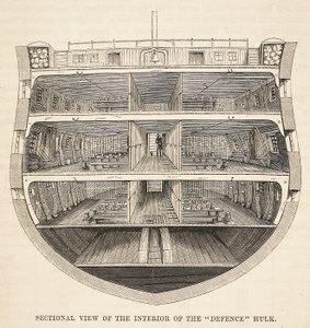 Querschnitt des Inneren der Defence-Hulk, Illustration aus The Criminal Prisons of London and Scenes from Prison Life von Henry Mayhew und John Binny, veröffentlicht 1862 von English School