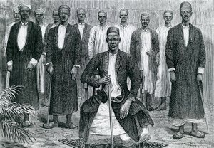 Sekebobo, Häuptling von Chagwe, Mtesa, Häuptling von Uganda, Chambarango und Pokino, der Premierminister (Gravur) von English School