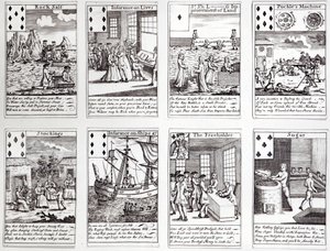 Kartenspiel mit satirischen Szenen aktueller kommerzieller Unternehmungen und Investitionen von English School