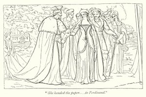 Verlorene Liebesmüh; Die französische Prinzessin überreicht Ferdinand ein Dokument ihres Vaters (Stich) von English School