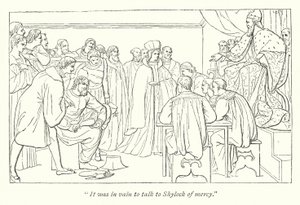 Shakespeares Der Kaufmann von Venedig; Gerichtshof, der Doge lädt Portia zu ihrem Platz ein von English School