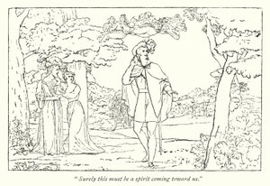 Shakespeares Der Sturm; Ferdinand wird von Ariels Lied geführt (Gravur) von English School