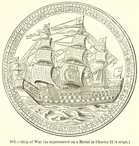 Kriegsschiff (wie auf einer Medaille aus der Regierungszeit von Charles II dargestellt) von English School