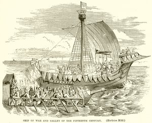 Kriegsschiff und Galeere des fünfzehnten Jahrhunderts von English School