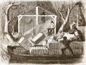 Schießen von Baumwollballen in den vorderen Teil des Flussdampfers Magnolia, Illustration aus The Illustrated London News, 1861