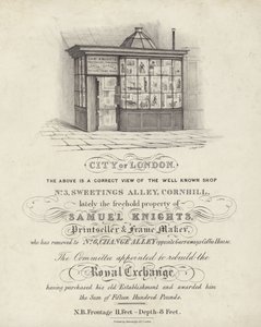 Laden von Samuel Knights, Druckhändler und Rahmenmacher, 3 Sweetings Alley, Cornhill, City of London