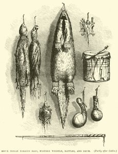 Sioux-Indianer Tabakbeutel, Geheimnispfeife, Rasseln und Trommel von English School