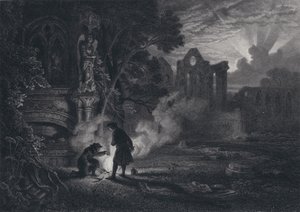 Sir Arthur und Dousterswivel in den Ruinen von St. Ruth (Stich) von English School
