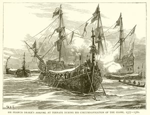 Sir Francis Drakes Ankunft in Ternate während seiner Weltumsegelung, 1577-1580 von English School