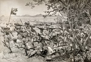 Sir Henry Morton Stanley und seine Männer tauchen 1887 während ihrer Emin-Pascha-Entlastungsexpedition in Afrika endlich aus dem Wald auf die Graslandschaft auf von English School