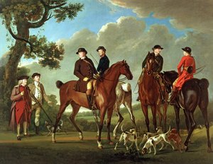 Sir Thomas Gascoigne und Sir Walter Vavasour mit dem Priester, dem Vikar und Jagddienern von English School