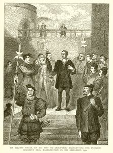 Sir Thomas Wyatt auf dem Weg zur Hinrichtung, Prinzessin Elisabeth von der Teilnahme an seiner Rebellion freisprechend, 1554 von English School